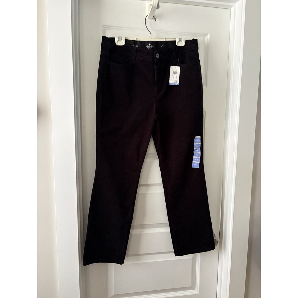 St Johns Bay Women's Black Corduroy Pants Size 16P Petite Straight Leg NWT